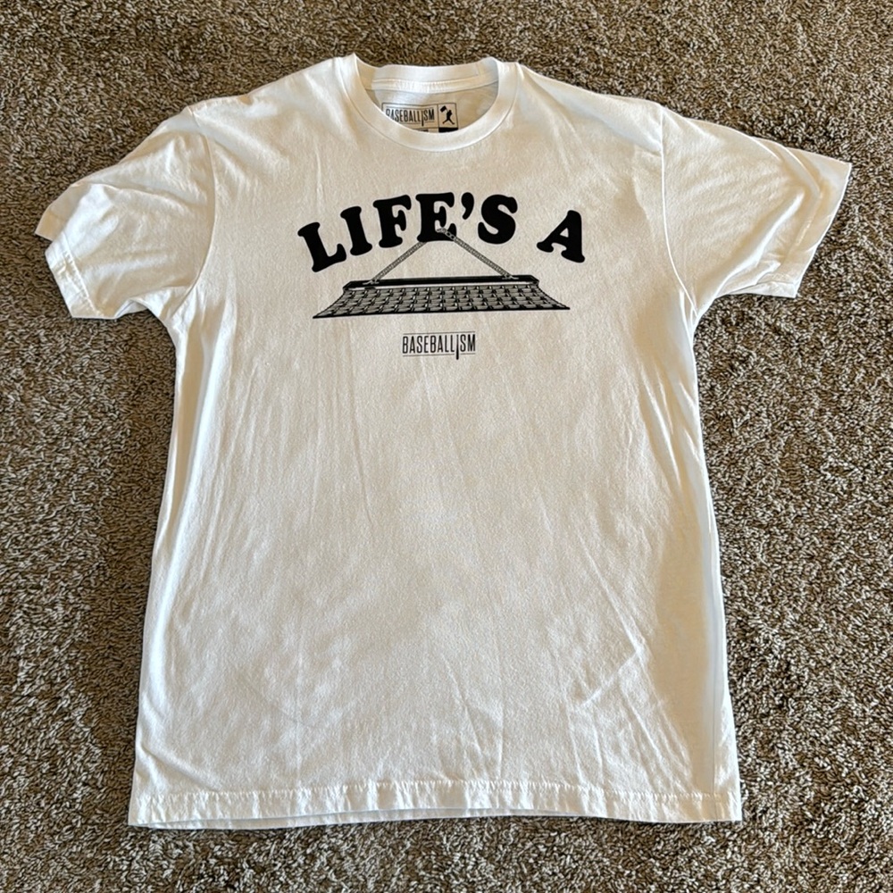 Baseballism Men’s Medium White Tee Shirt.  Life’s a Drag